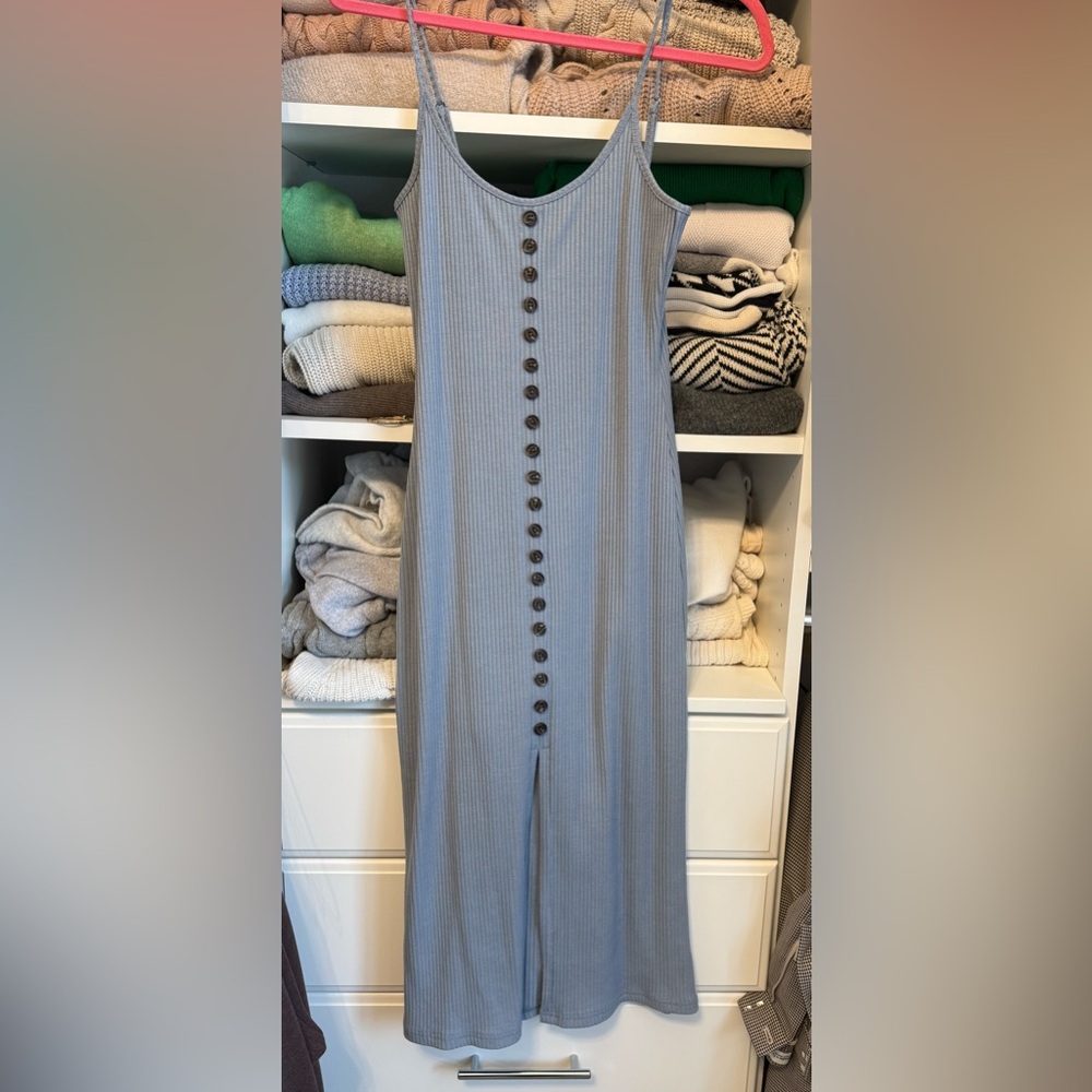 Gray Ribbed Button-Down Dress